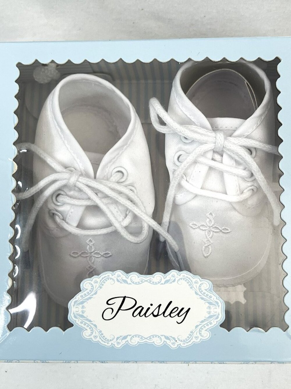 NWT Cherished Moments "Paisley" Keepsake White Baptism Baby Shoes with Cross